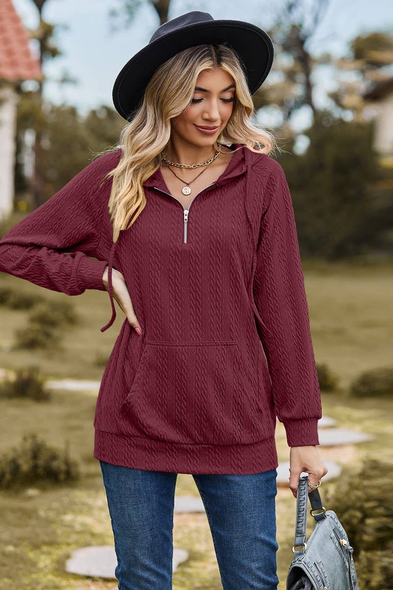 CWOHOL1094_HOODED ZIPPER LOOSE LONG SLEEVE SWEATSHIRT