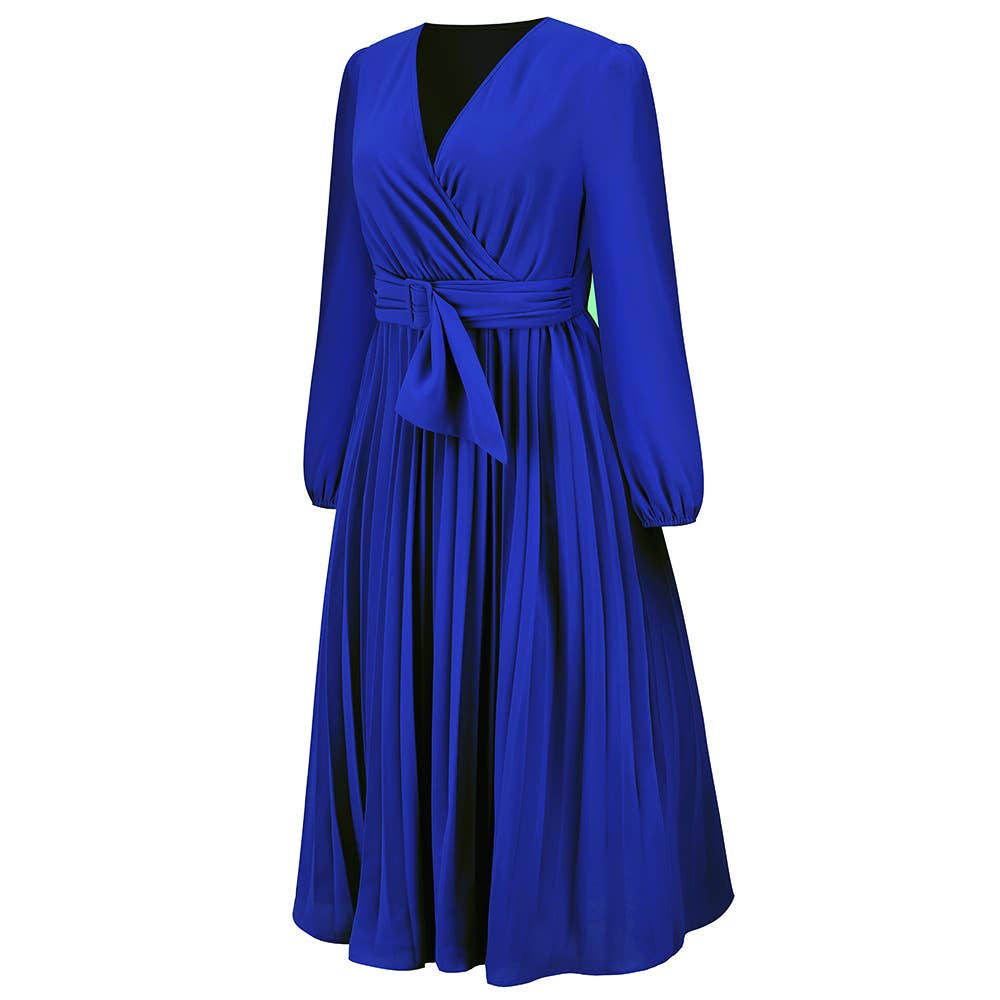 LONG SLEEVE PLEATED BELT SOLID COLOR V-NECK DRESS