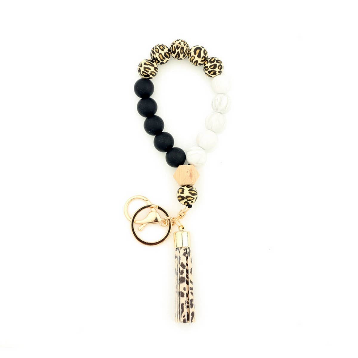Silicone & Wood Bead Bracelet with Leather Keychain