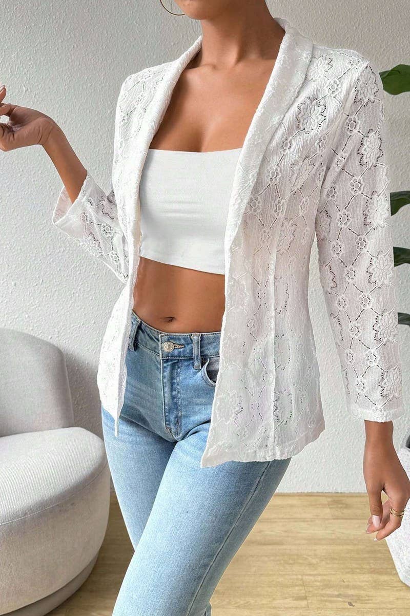 CWOCO1140_SOLID COLOR LACE 9-QUARTER SLEEVE LAPEL BLAZER