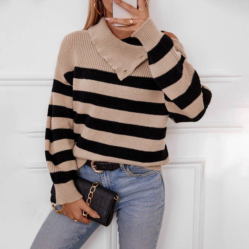 Lapel shoulder buckle color-blocking sweater
