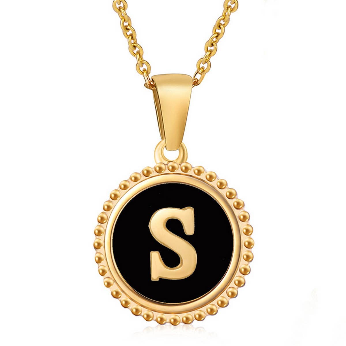 CWAJE1941_Simple Round Black Shell Letter Necklace