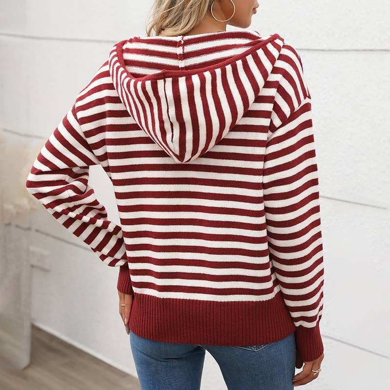 STRIPED V-NECK KNIT CHRISTMAS HOODED SWEATER