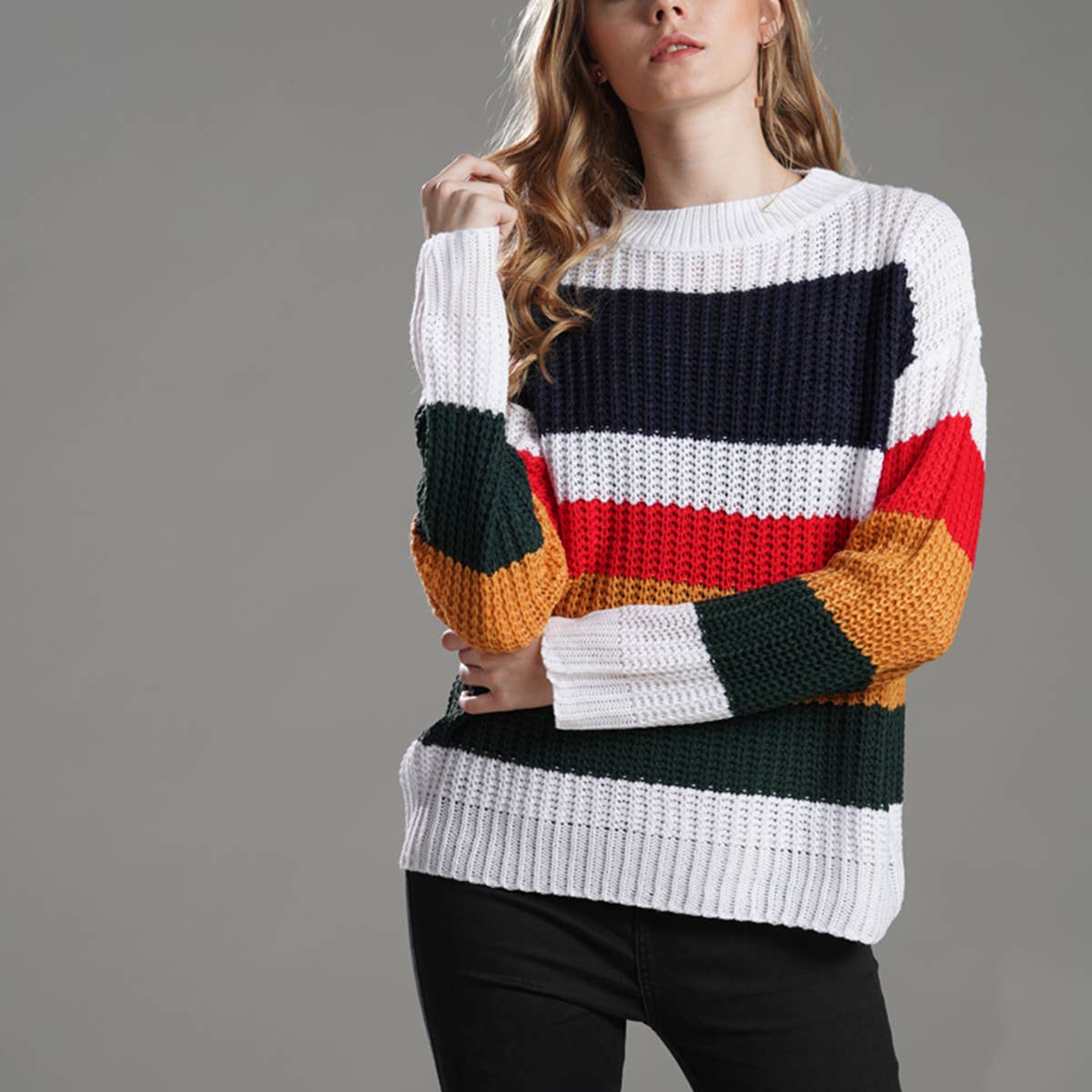 WOMEN'S LOOSE RAINBOW PATCHWORK PULLOVER SWEATER
