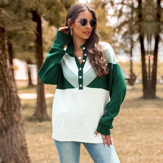 Single-breasted stand-up collar patchwork sweater