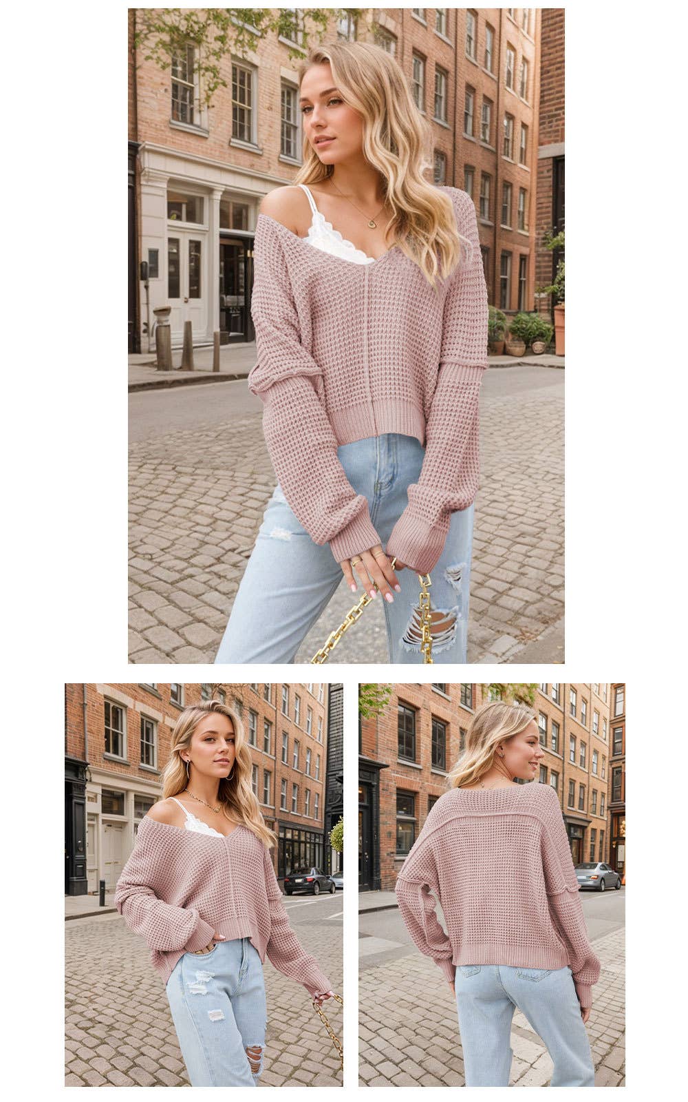V-NECK OFF-THE-SHOULDER LOOSE-FITTING SWEATER