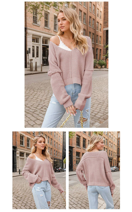 V-NECK OFF-THE-SHOULDER LOOSE-FITTING SWEATER