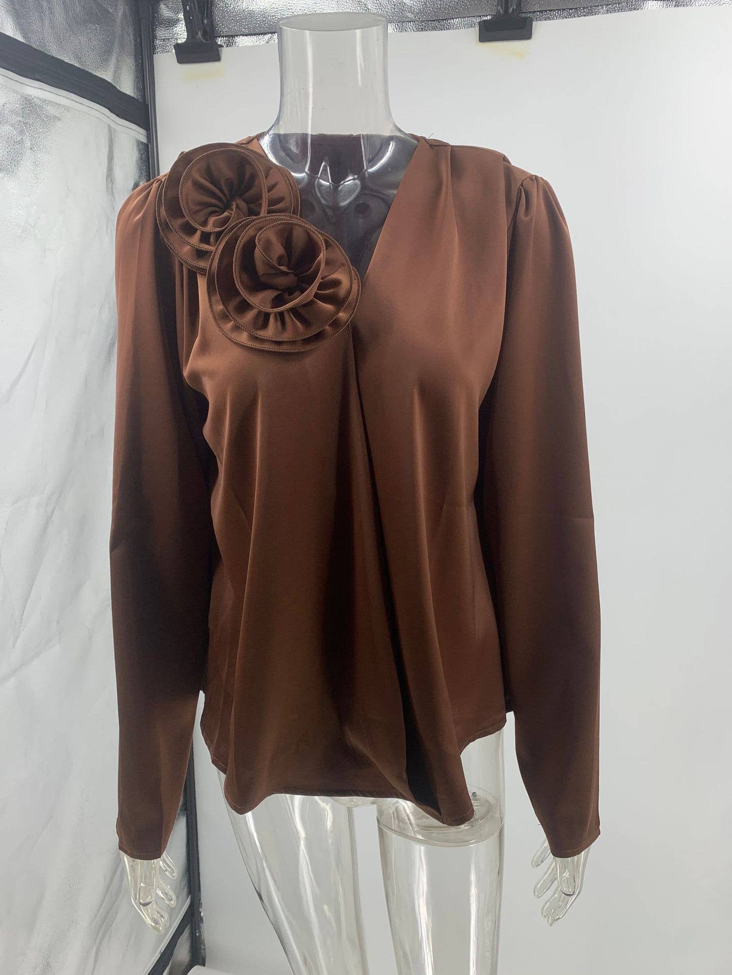 V-NECK FLORAL EMBELLISHED SATIN LONG SLEEVE SHIRT