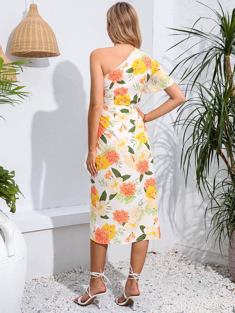 Lace-up print one-shoulder flysleeve dress