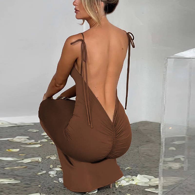 SEXY BACKLESS PLEATED SLIM HALTER DRESS