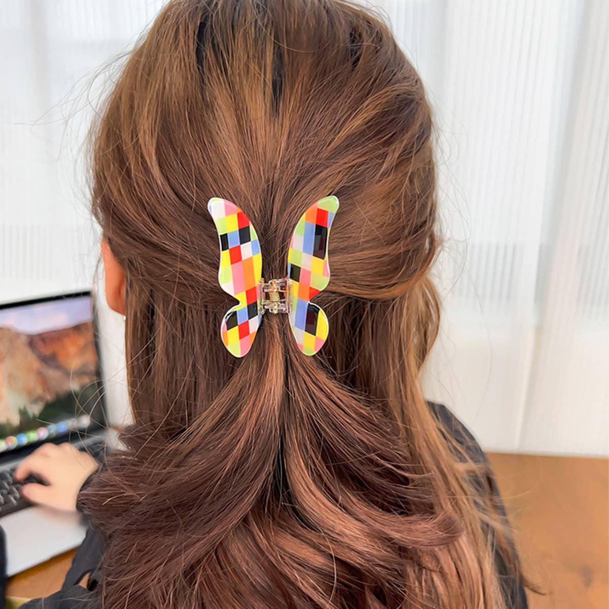 Colorful Plaid PVC Hair Claw Butterfly Color-Block_CWAHA1592