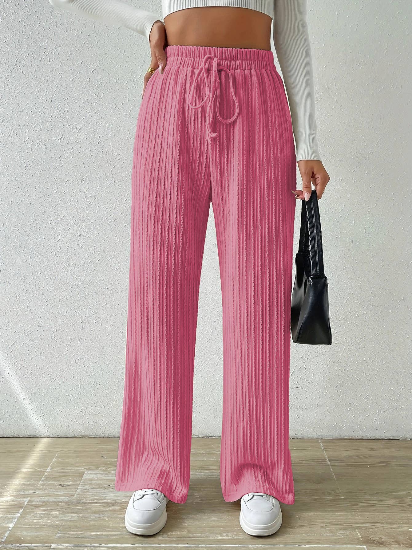 KNIT WIDE LEG STRAIGHT PANTS WITH WAIST TEXTURE