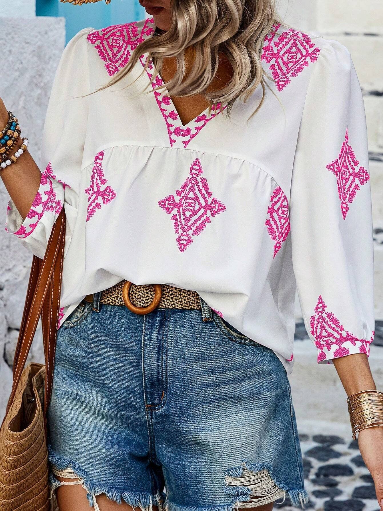 Stylish printed bag seven-point sleeve V-neck top