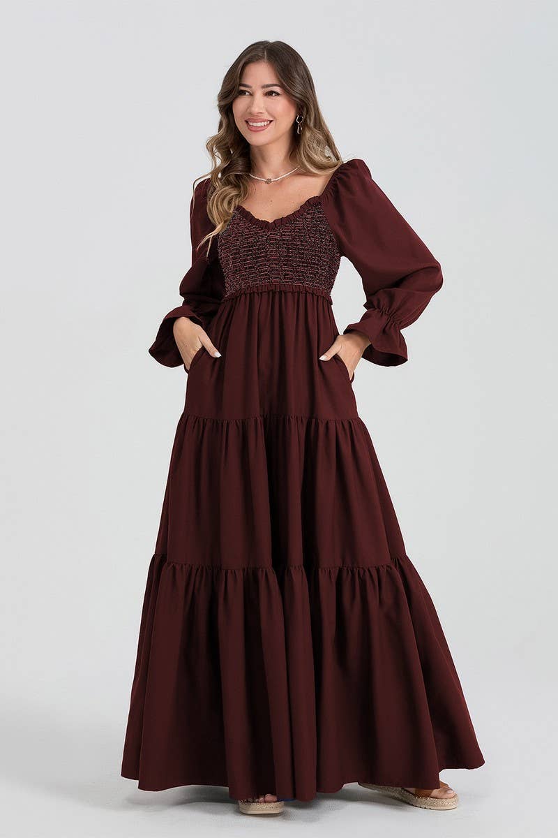 CWDMD5709_LONG SLEEVE RUCHED RUFFLE TIERED MAXI DRESS