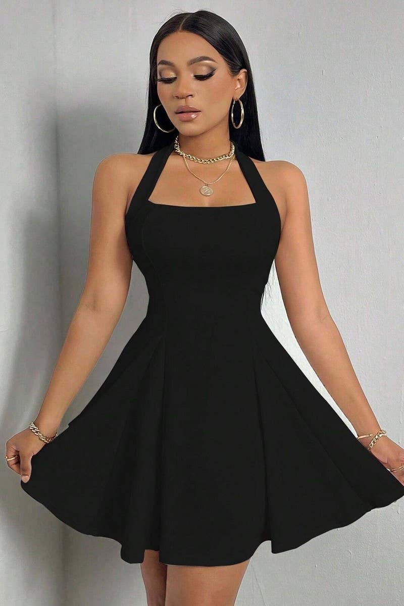CWDHL1022_SEXY HALTER BACKLESS CINCHED WAIST A-LINE DRESS