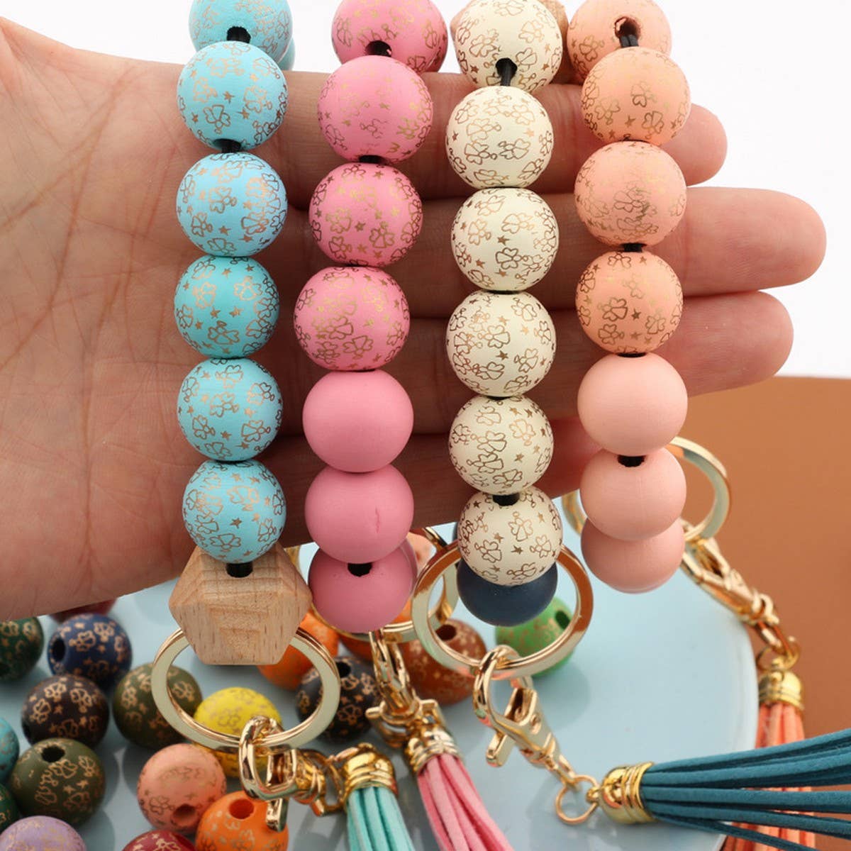 Printed Wood Bead Bracelet with PU Tassel Keychain_CWMM7015