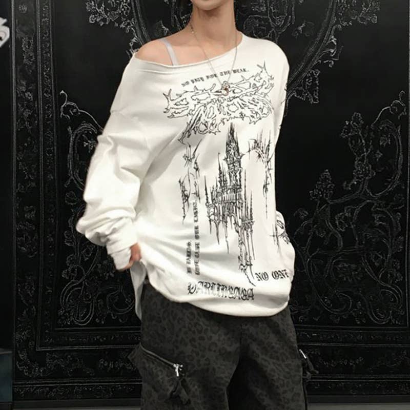 SLIMMING DIAGONAL COLLAR VINTAGE PRINTED T-SHIRT