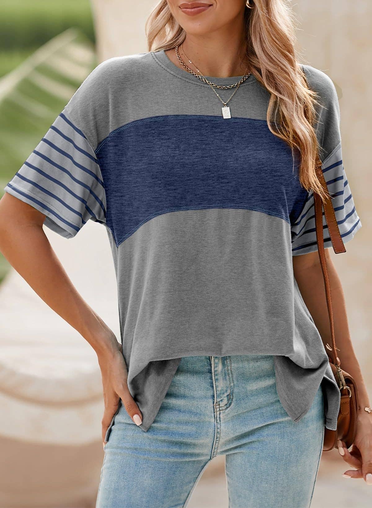 Women¡¯s colorblock striped crew neck tee