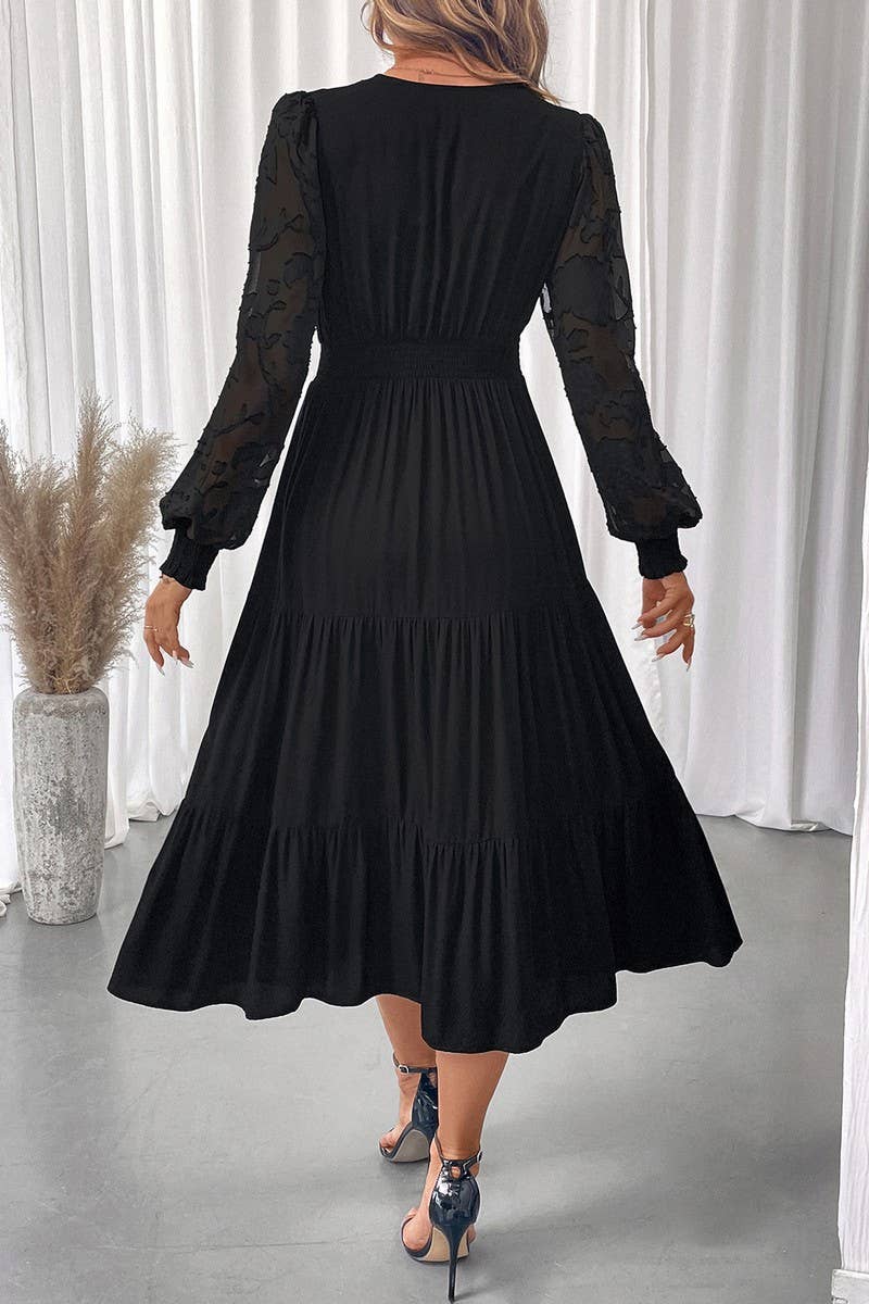 CWDMD01040_V NECK WAIST LACE LONG SLEEVE SOLID DRESS