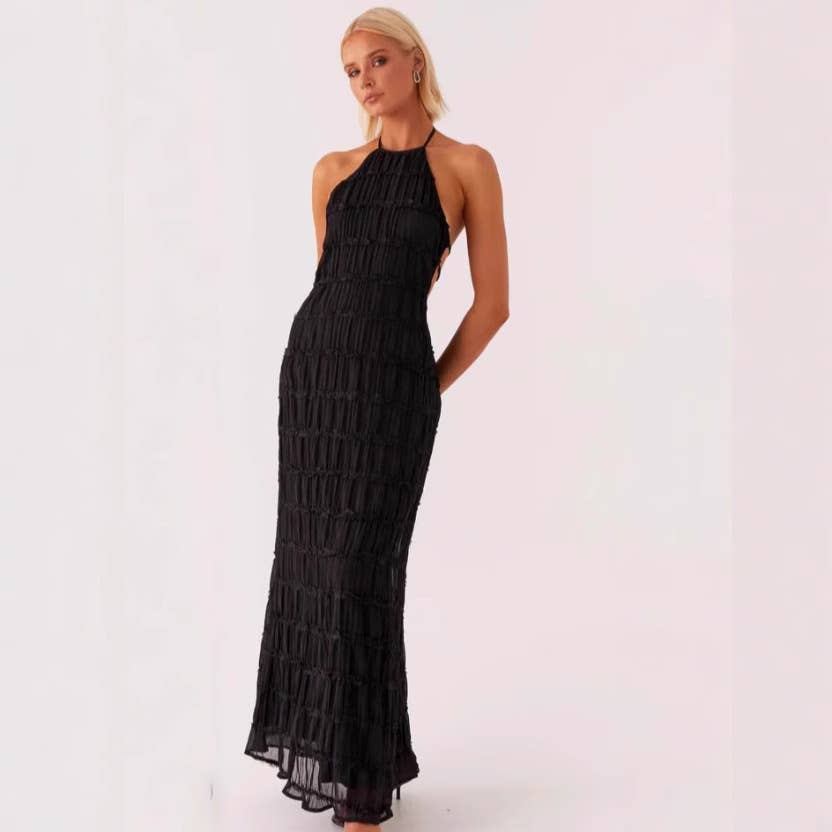 Sexy backless ruched lace trim vacation dress
