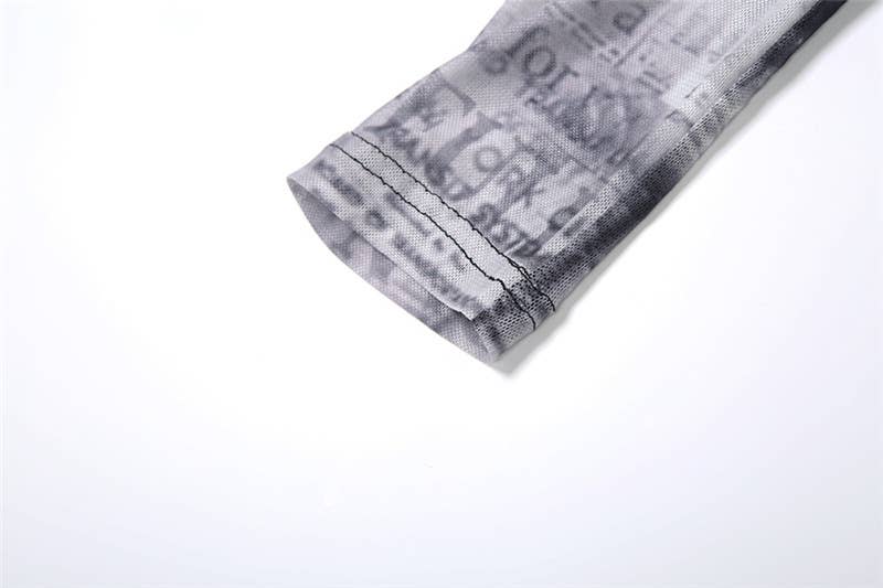 FASHION SLIM-FIT NEWSPAPER PRINT SEE-THROUGH TOP