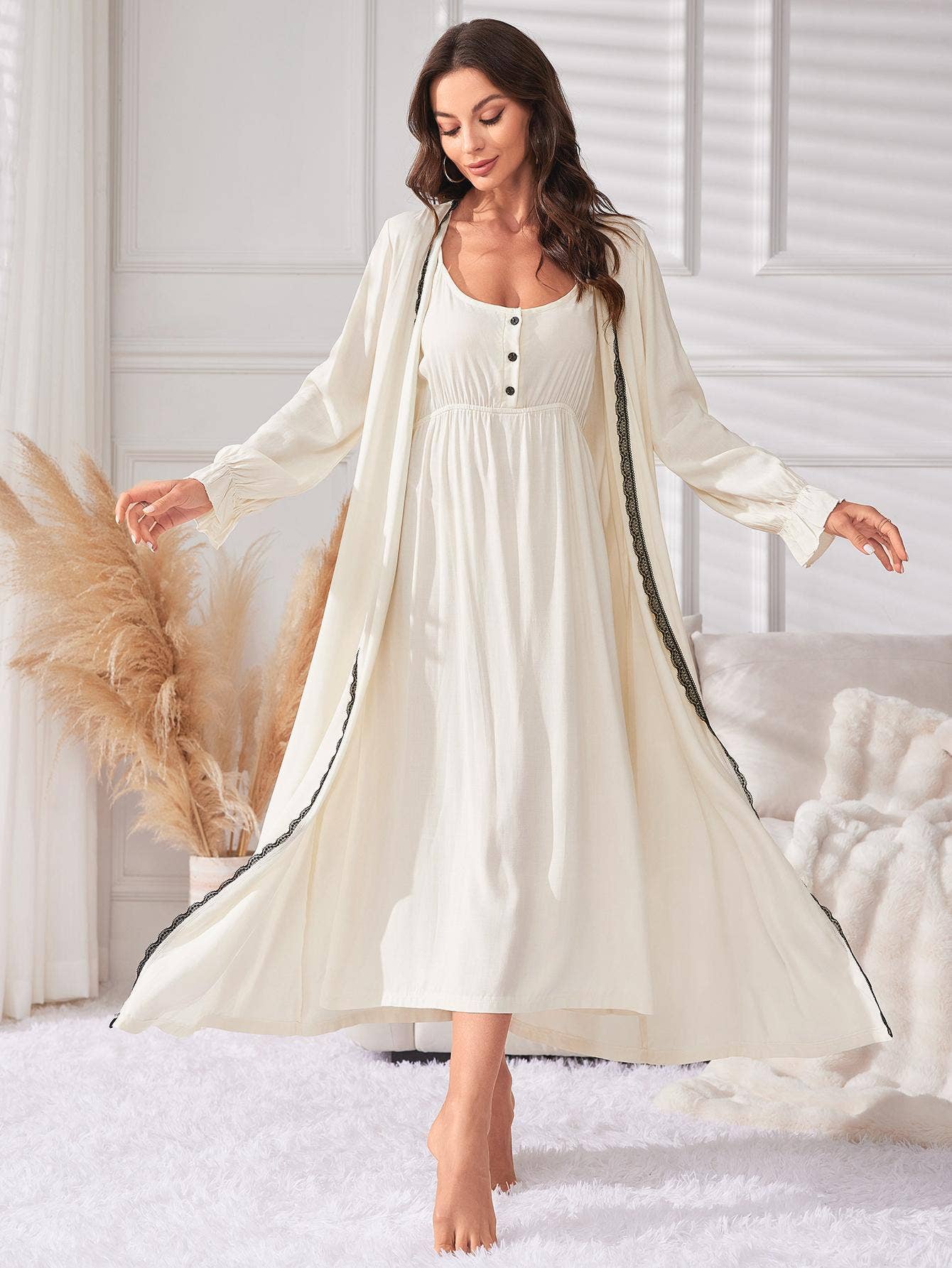 Mid-length spaghetti-strap nightgown set