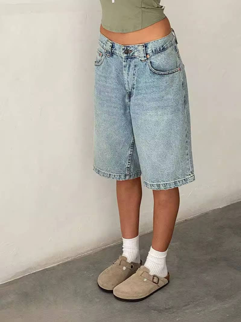 Washed non-elastic casual five-inch jeans