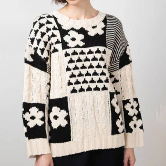 SQUARE FLORAL LOOSE CREW NECK PULLOVER SWEATER