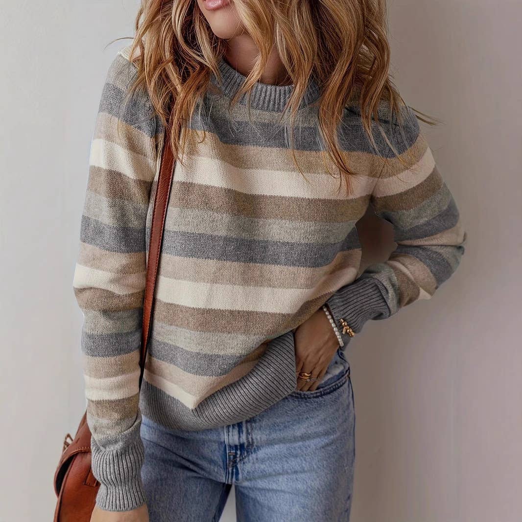 Round-neck simple color-blocked printed sweater