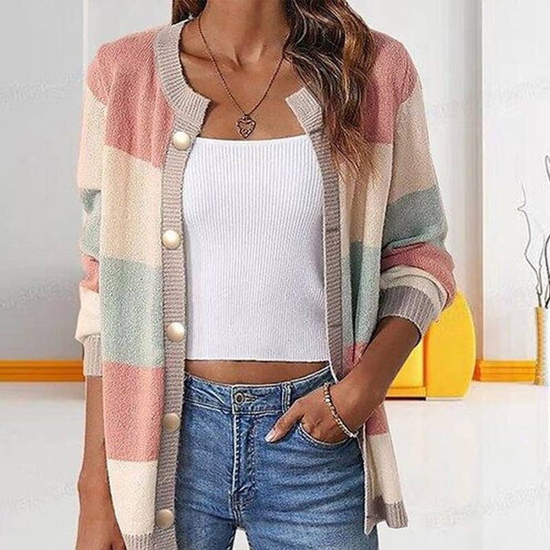 STYLISH COLOR-BLOCK BUTTON-UP CARDIGAN SWEATER