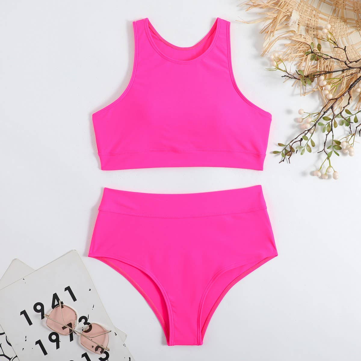 High Waist Bikini Set - Solid Color Swimsuit