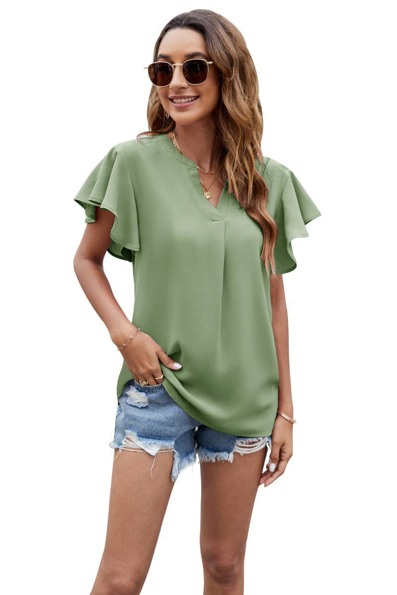 V NECK FLY SLEEVE SHORT SLEEVE CHIFFON TOP_CWTSTS0214