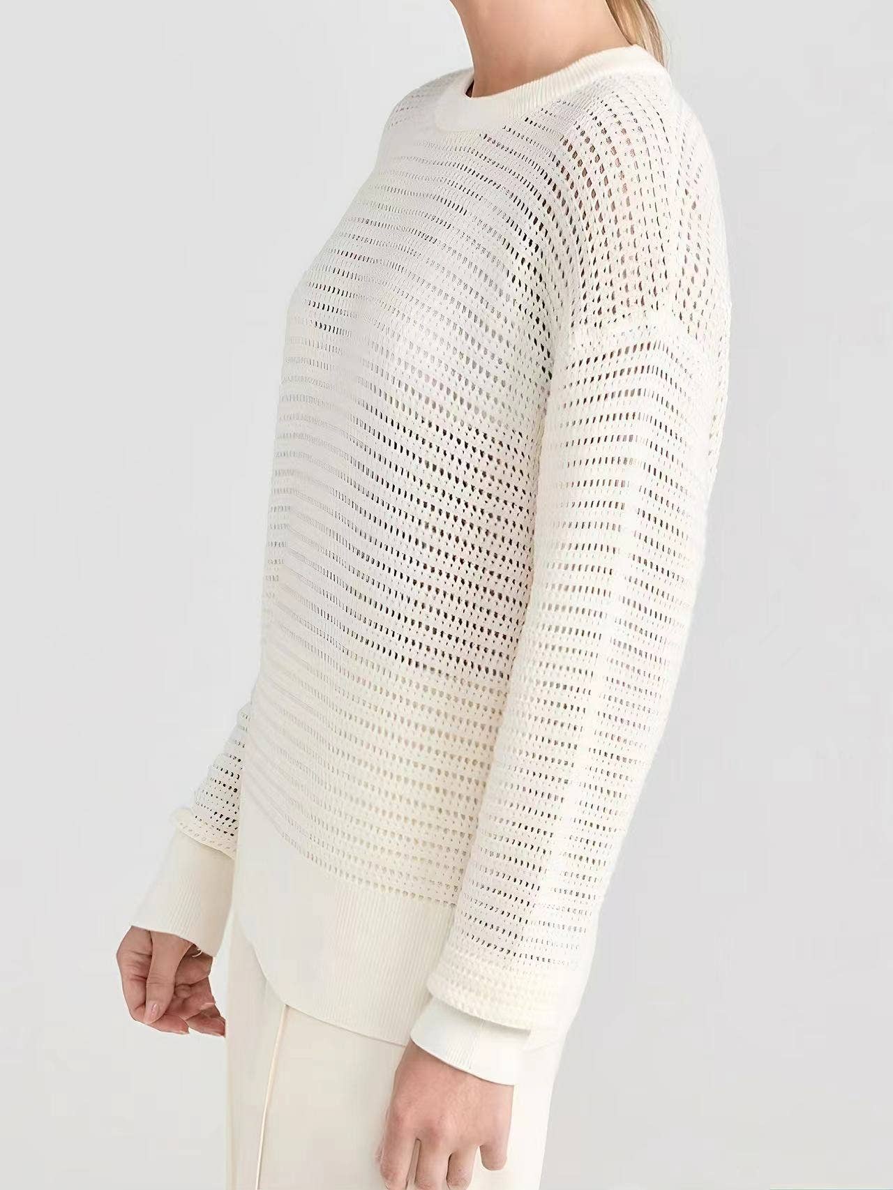 SOLID COLOR HOLLOW LOOSE LAZY ROUND NECK SWEATER