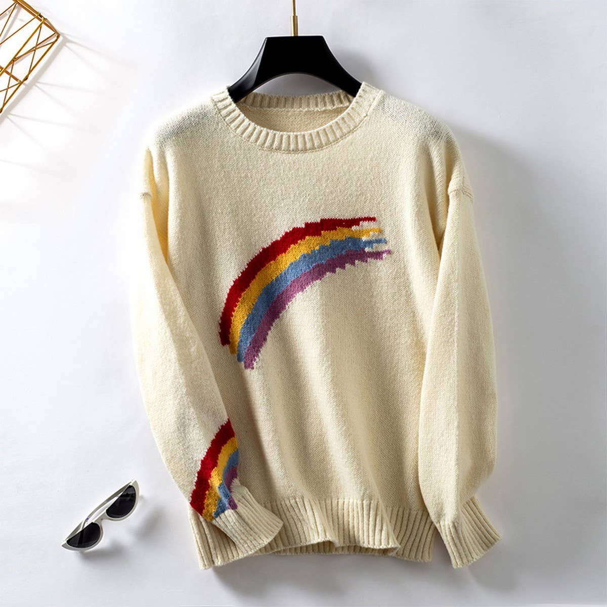 Stylish rainbow striped jacquard knitwear