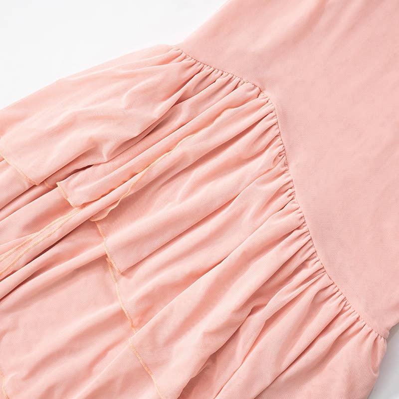 Ruffled V-Neck Mesh Backless Midi Dress