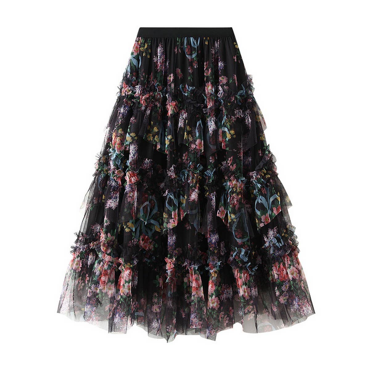 Colorful Floral Mesh Paneled Tiered Skirt