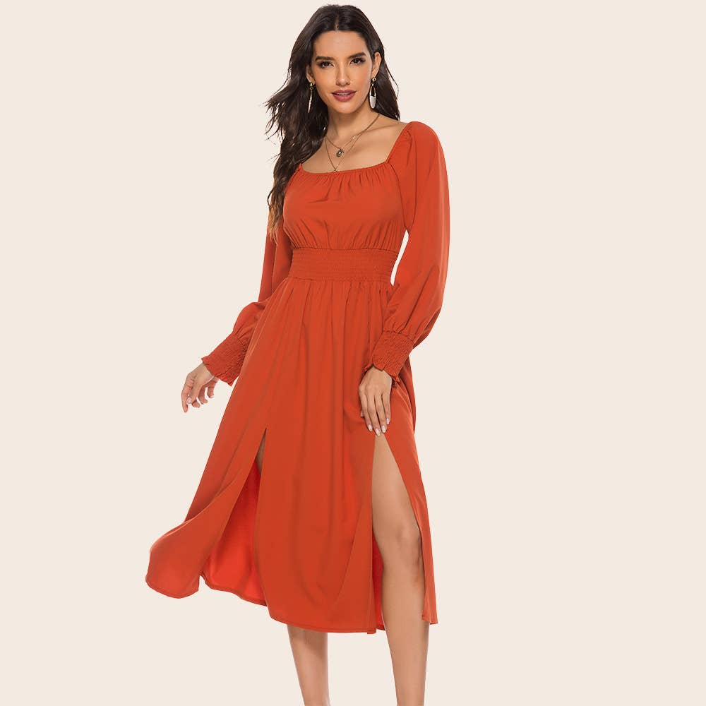 Fashion square collar waist long-sleeved dress