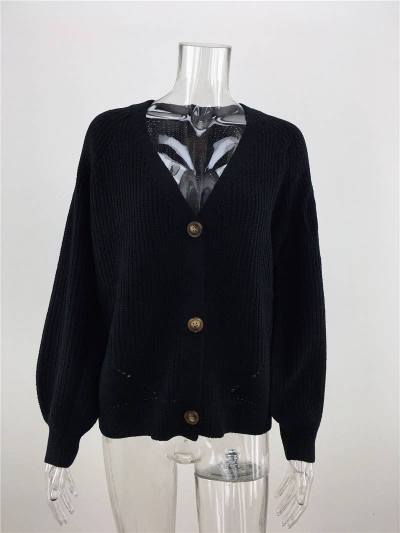 SOLID COLOR BUTTON-DOWN V-NECK SWEATER