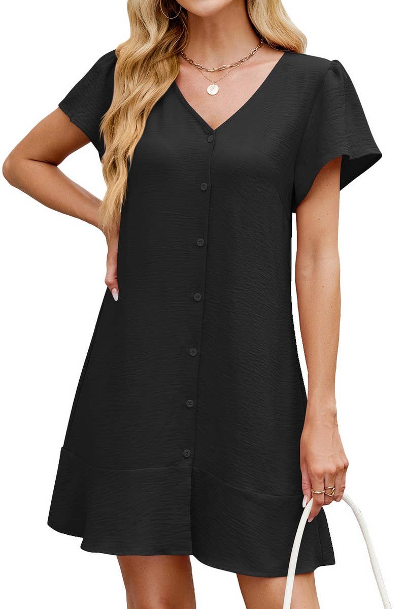 CWDSD7313_SOLID COLOR V-NECK BUTTON SHORT SLEEVE DRESS