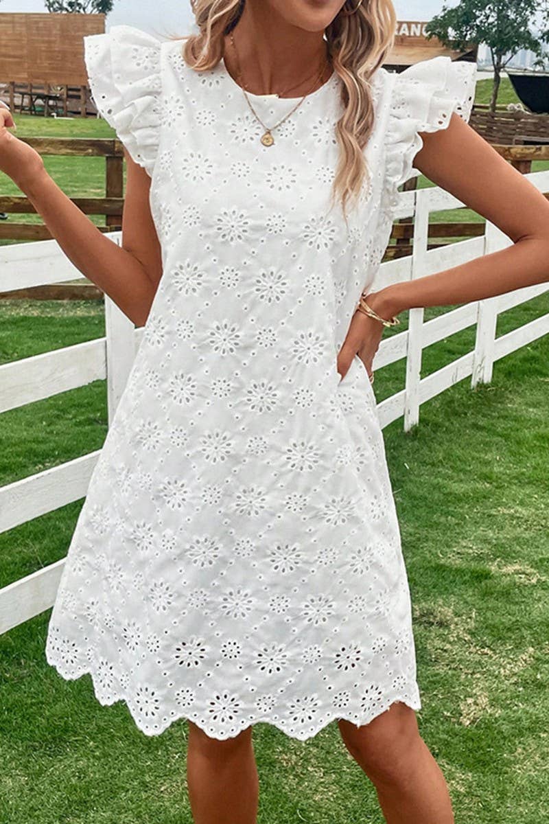 CWDSD8208_SOLID COLOR EMBROIDERED ROUND NECK VEST DRESS