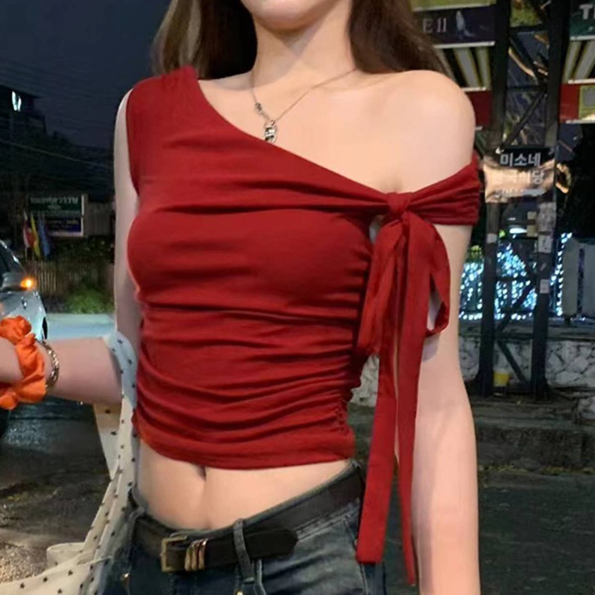 Slim Fit Red Off Shoulder Tie Front Tee