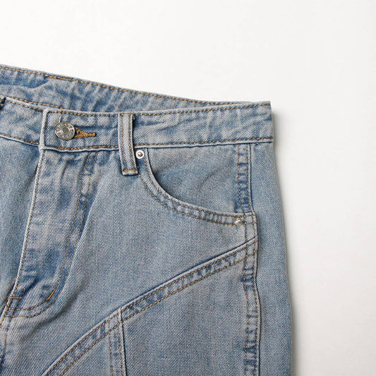 COLOR BLOCKING PATCHWORK WASHED LIGHT DENIM PANTS