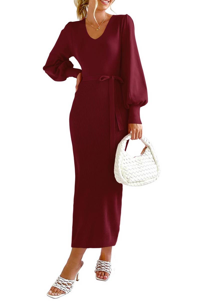 Lantern sleeve slim slim long solid color knit dress
