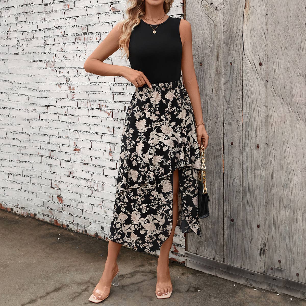 KNITTED PATCHWORK FLORAL IRREGULAR HEM TANK DRESS