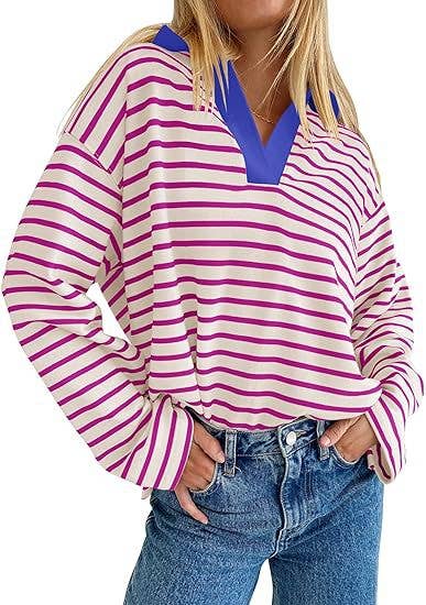 STRIPED V-NECK LOOSE LONG-SLEEVED HOODIE