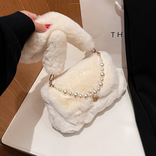 WINTER PEARL CHAIN HAND TOTE SHOULDER PLUSH BAG_CWAB3988