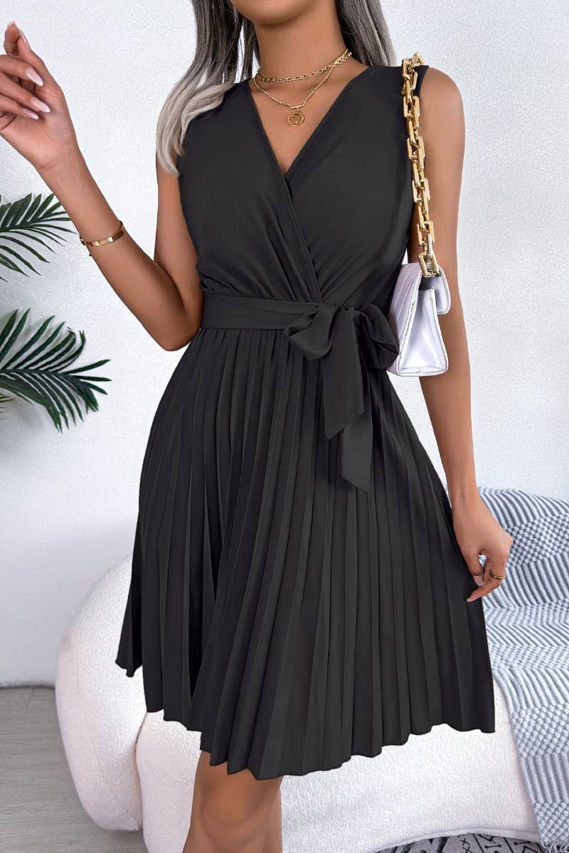 CWDSD4634_CROSS V-NECK SLEEVELESS WAIST PLEAT DRESS