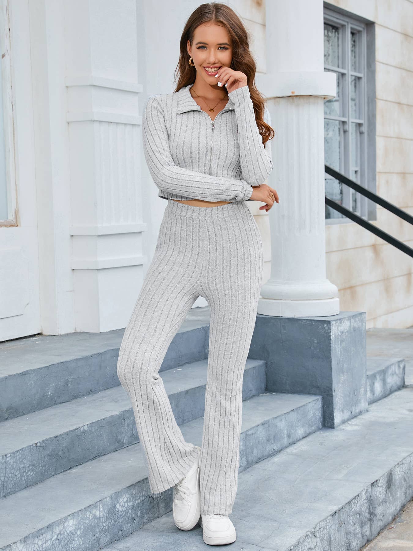 ZIP-UP CARDIGAN WIDE-LEG PANTS TWO-PIECE SET