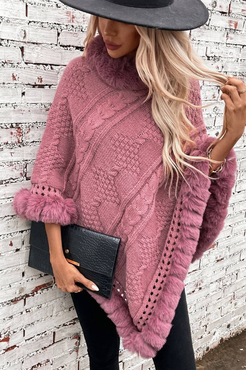CWOSWS0093_FAUX RABBIT FUR COLLAR CABLE SWEATER CAPE COAT