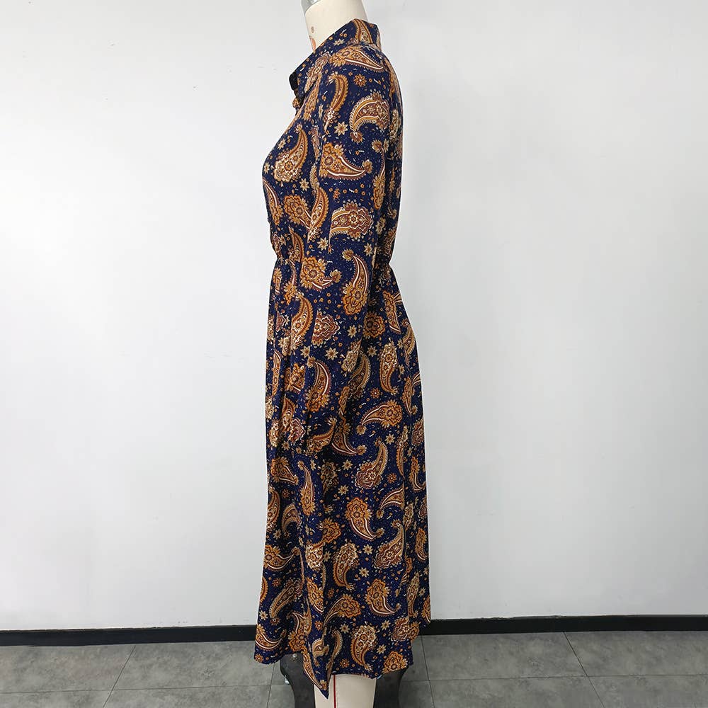 PRINTED A-LINE LONG SLEEVE FLORAL SHIRT DRESS